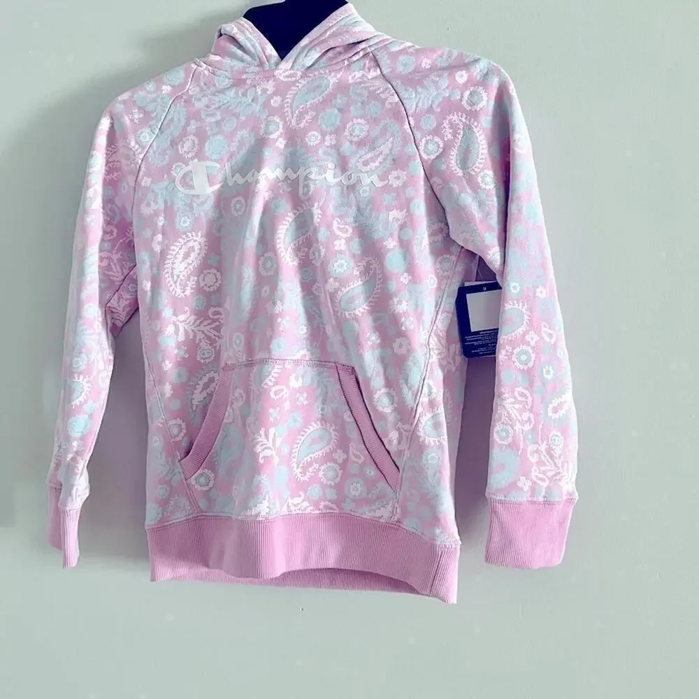 New CHAMPION Big Girls Paisley Script Fleece Hoodie, pink Medium